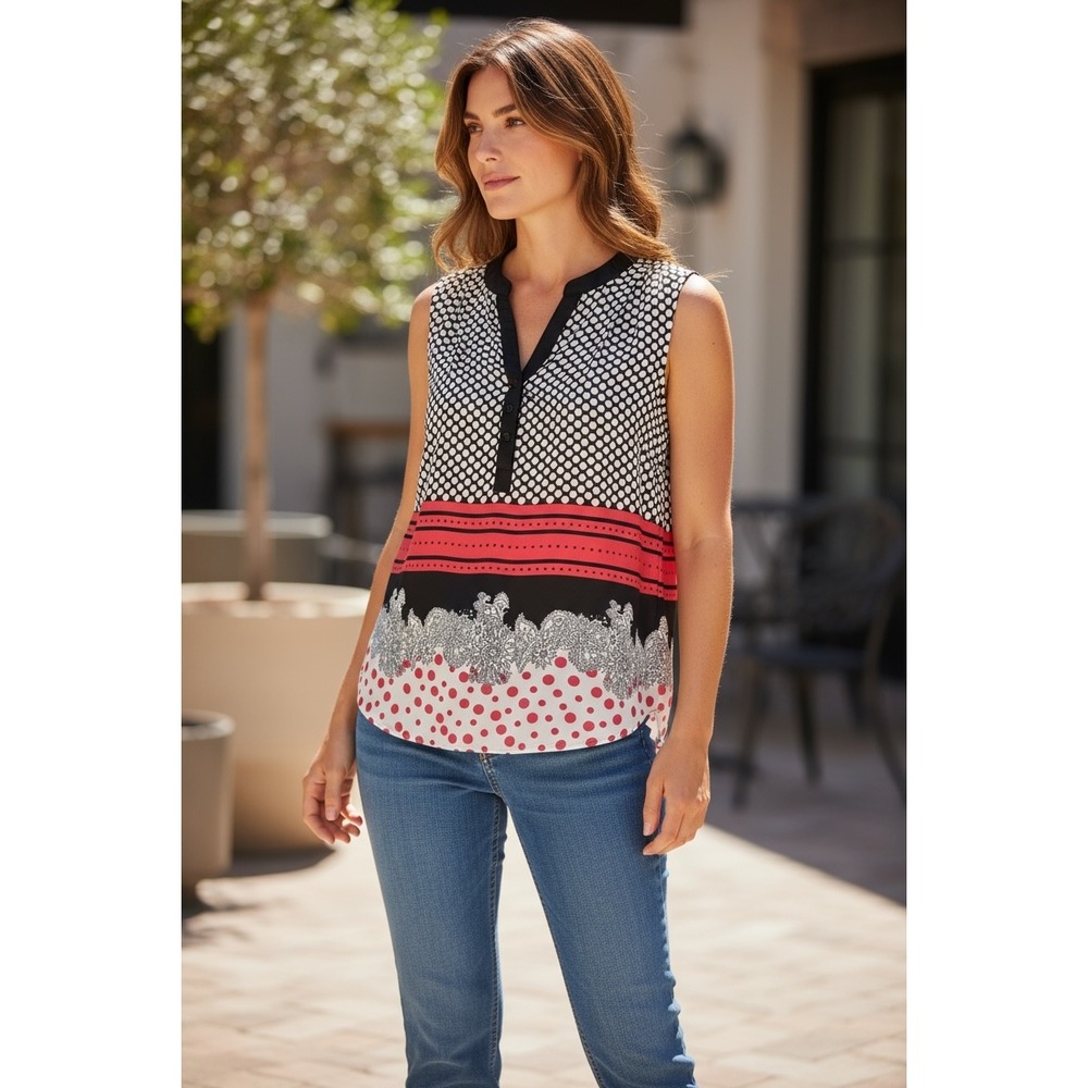 Antonia Femme Polka Dot Sleeveless Blouse‎ Multicolor Print Top Medium - Picture 2 of 10